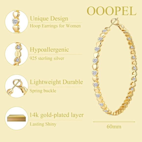 14k Gold Plated 60mm Heart Cubic Zirconia Rhinestone Hoop Earring for Women - Picture 3 of 7